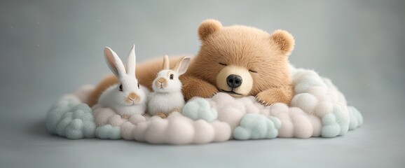 Cute bear and bunnies sleeping on clouds