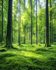 Obraz premium Sunlit Spring Forest Mossy Ground Nature Wallpaper
