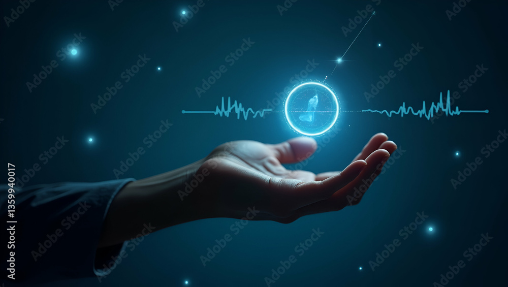 Poster hand using holographic device to perform evaluation impact analysis with empty space background conc