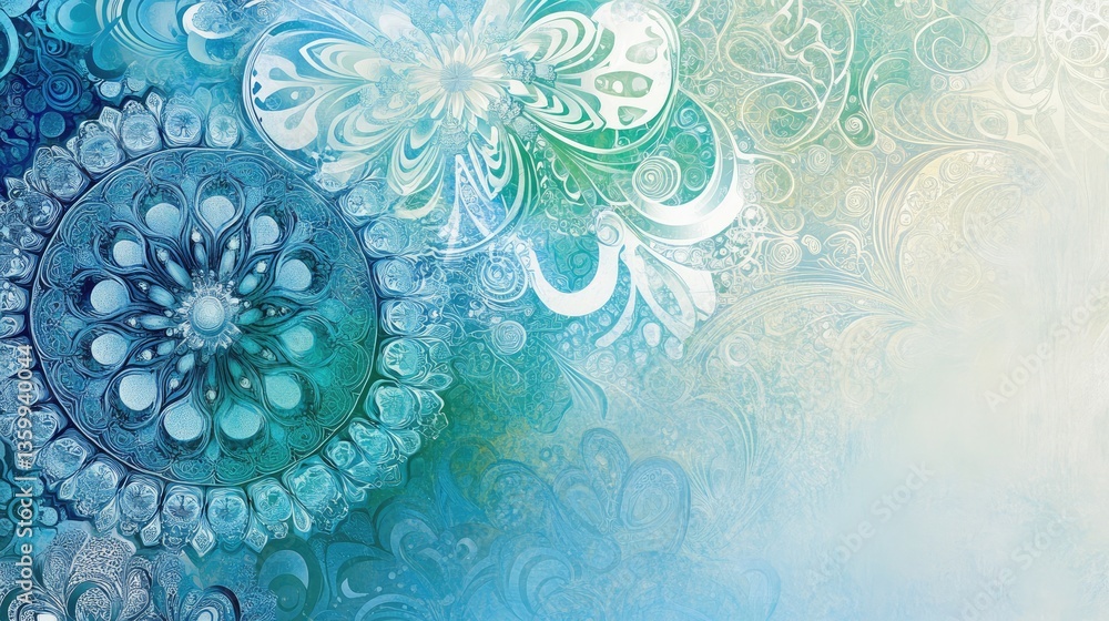 Poster abstract floral patterns in blue and green hues create a serene background with intricate designs an