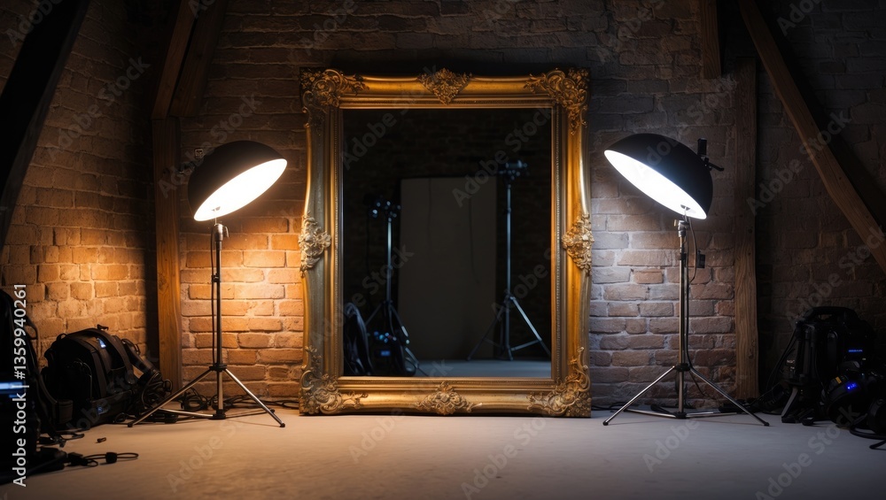 Aufkleber a large mirror within a frame with light stands is positioned in the loft room.