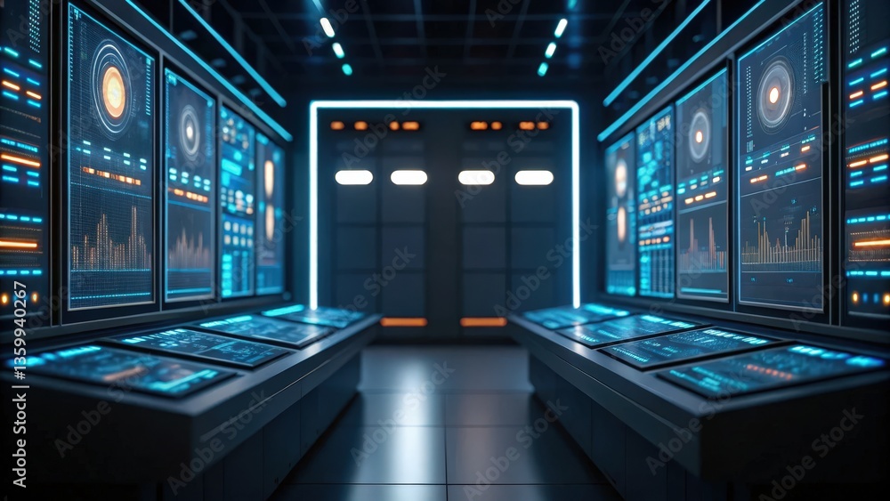 Poster digital transformation with industry 4.0, a futuristic control room filled with high-tech screens di