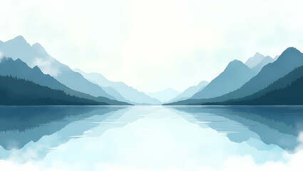 Serene Watercolor Illustration of a Lake and Mountains with Cloudy Sky and Reflection - Perfect for Nature Landscapes and Tranquil Design Concepts in a Simple Flat Vector Style