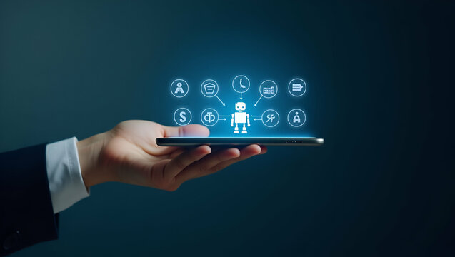 Hand holding holographic AI powered language translation app on smartphone with robot and multiple languages icons in empty space concept as Hand holds holographic smartphone displaying AI powered lan