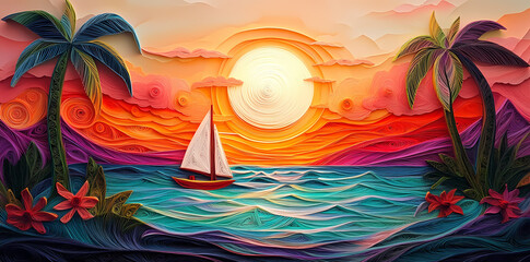 Island sunset with Sailing Boat: Painted in vivid color, a sailboat journeys across the tranquil sea, framed by the silhouette of palm trees under a stunning sunset sky.