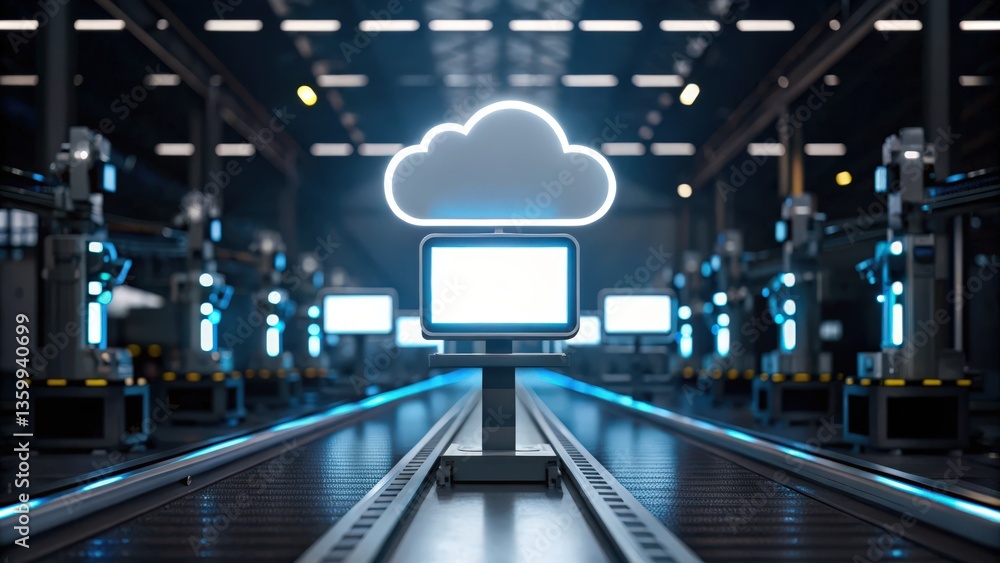Aufkleber digital transformation with industry 4.0, a futuristic warehouse filled with robotic systems and ill