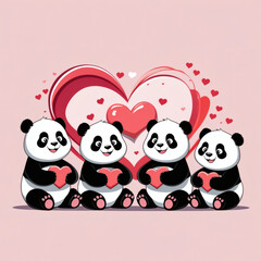 Fototapeta premium Cute pandas sharing love on a pastel background with hearts during a joyful celebration of friendship
