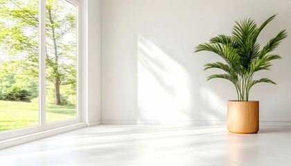 Sunny room, plant, large window, green view, home decor