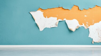 Wall Texture concept. Torn wallpaper texture with layered remnants on a wall