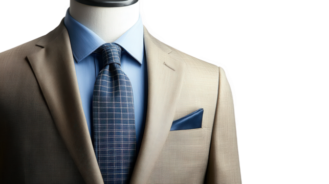 Beige Business Suit with Blue Tie and Pocket Square