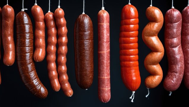 Assortment of various types of fresh spicy sausages hanging to cure and dry in a butcher shop against a black background. - Powered by Adobe