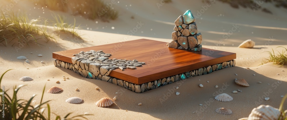 Aufkleber abstract minimal concept. podium platform made of wood and stone decor over realistic beige sandy be