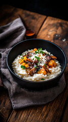 Beautifully crafted farm to table risotto with fresh ingredients and herbs on a rustic wooden table