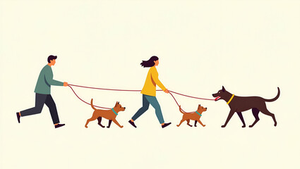 Dog Walker with Playful Pups: Flat Art Cartoon Emblem for Pet Care Concept in Photo Stock