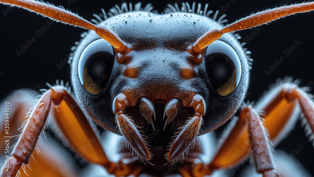 Poster close-up image of an ant's face captured with macro techniques.