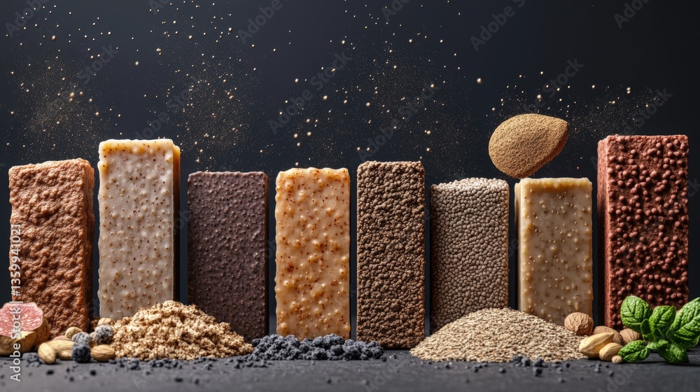 Poster a colorful selection of assorted protein bars with various textures and coatings accompanied by nuts