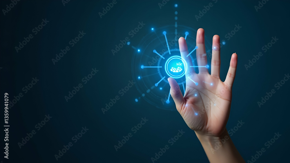 Aufkleber hand using holographic interface for wellness mindfulness apps with empty space background concept a
