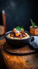 Farm to table dish featuring creamy risotto topped with caramelized vegetables and herbs against a rustic backdrop
