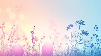 Obraz premium A minimalist pastel Easter background with soft gradient tones, delicate floral silhouettes, and lightly glowing egg illustrations. 
