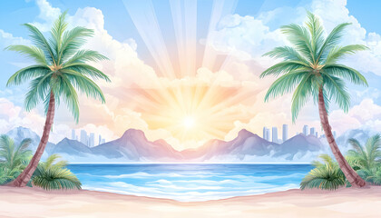 Obraz premium Sunrise over tropical beach with city skyline