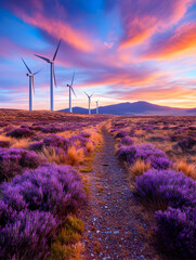 Sunrise over wind turbines and purple heather