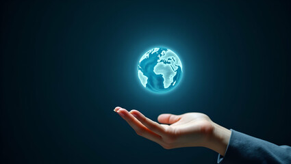 Flat Hand presenting holographic investment climate change symbol representing investment climate change in empty space background concept as A hand showcases holographic investment climate change sym