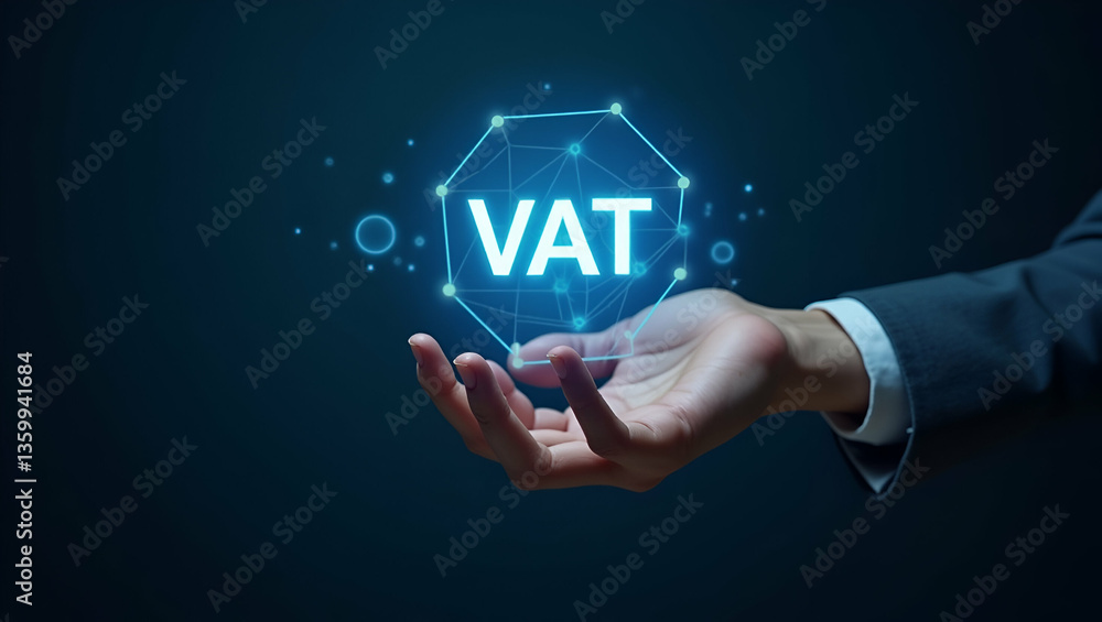 Aufkleber exploring vat implications in e-commerce: a hand operating a holographic device against an empty spa