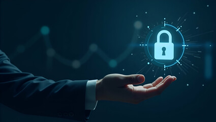 Flat Cybersecurity Concepts: Businessman Protecting Data with Lock Icon for Secure Internet & Encryption