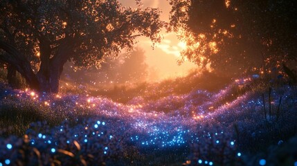 Magical sunset illuminating a field of glowing blue flowers and trees.