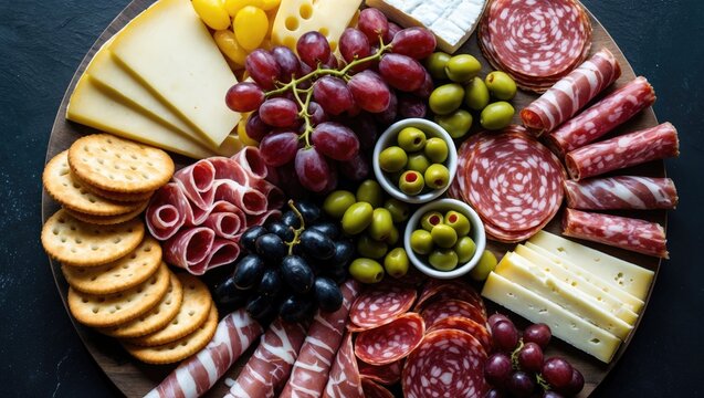 A beautifully arranged charcuterie platter filled with cured meats, cheeses, olives, and fruits.