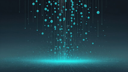 Obraz premium Vibrant particles cascading in an abstract digital landscape with shades of blue and teal