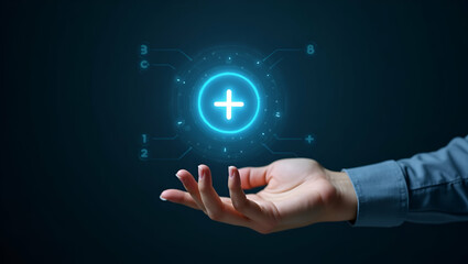 Flat Hand Presenting Holographic Reward Calculation Icon: A Smart Business Approach to Risk-Reward Analysis in Financial Management - Cute Vector Illustration for Effective Financial Strategies