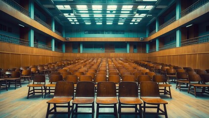 A spacious, empty classroom featuring wooden chairs. A lecture hall equipped with neatly arranged hardwood chairs. An unoccupied classroom showcasing vintage-style wooden chairs.