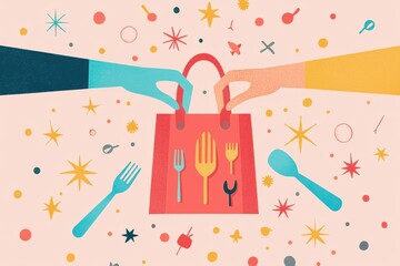 Hands Exchanging a Food Bag in a Stylized Colorful Illustration