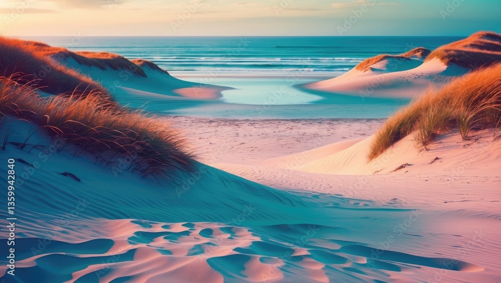 Poster a beach covered in dunes, created using generative ai tools.
