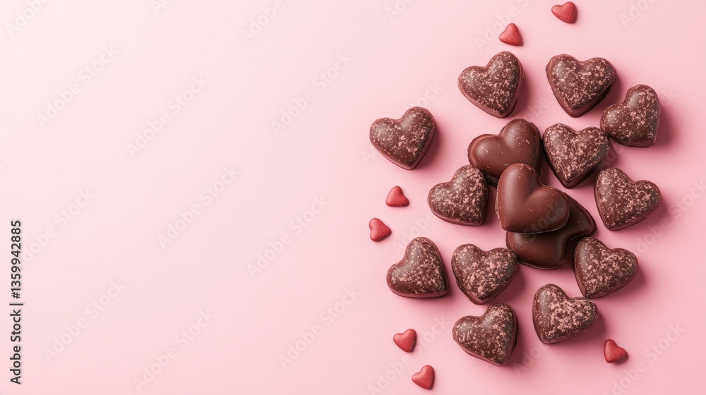 Poster a cluster of dark chocolate heart-shaped candies on a light pink background with small pink sprinkle