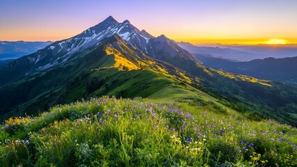 A stunning mountain landscape at sunrise, featuring snow-capped peaks and vibrant wildflowers in the foreground. Concept Mountain Sunrise, Snow-Capped Peaks, Vibrant Wildflowers, Scenic Landscape