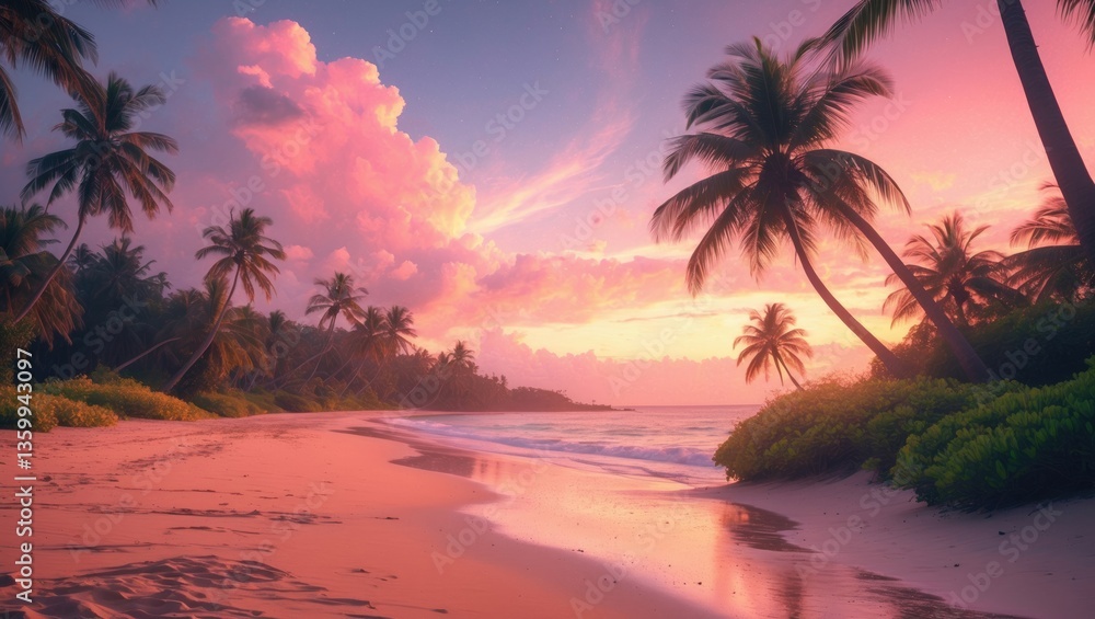 Poster a beach scene featuring sand and palm trees in the background. free space image for your decorative 
