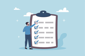 Complete checklist or finishing checkbox, task done within deadline, complete tasks list or project, approval or achievement concept, businessman put tick on complete checklist on paper clipboard.