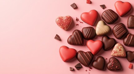 Heart-shaped chocolates in various shades of red, brown, and beige artfully scattered on a pink background with delightful chocolate shavings decor.