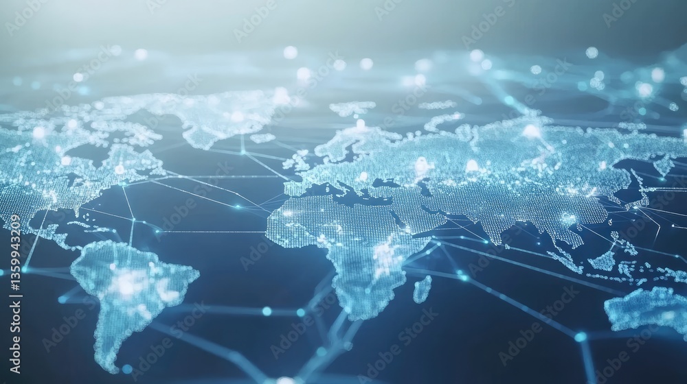 Poster digital representation of a glowing world map showcasing global connectivity and network interaction