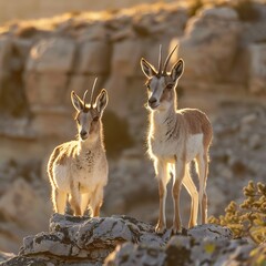Fototapeta premium Pair of onagers stand atop rocky ridge sunrise their alert eyes scanning arid terrain below The soft golden light highlights the texture of their coats and the rugged beauty of their harsh environment