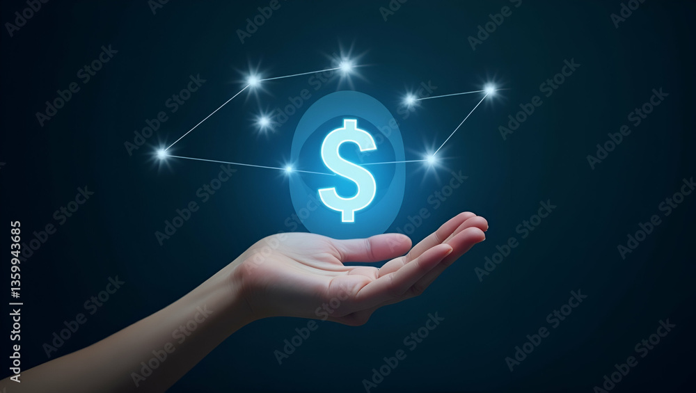 Poster flat hand showing holographic automation icon representing profit management expenses automation in 