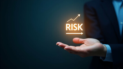 Flat Hand holding holographic risk calculation icon illustrating risk reward calculation in financial management within empty space background concept as A hand holding a holographic risk calculation 