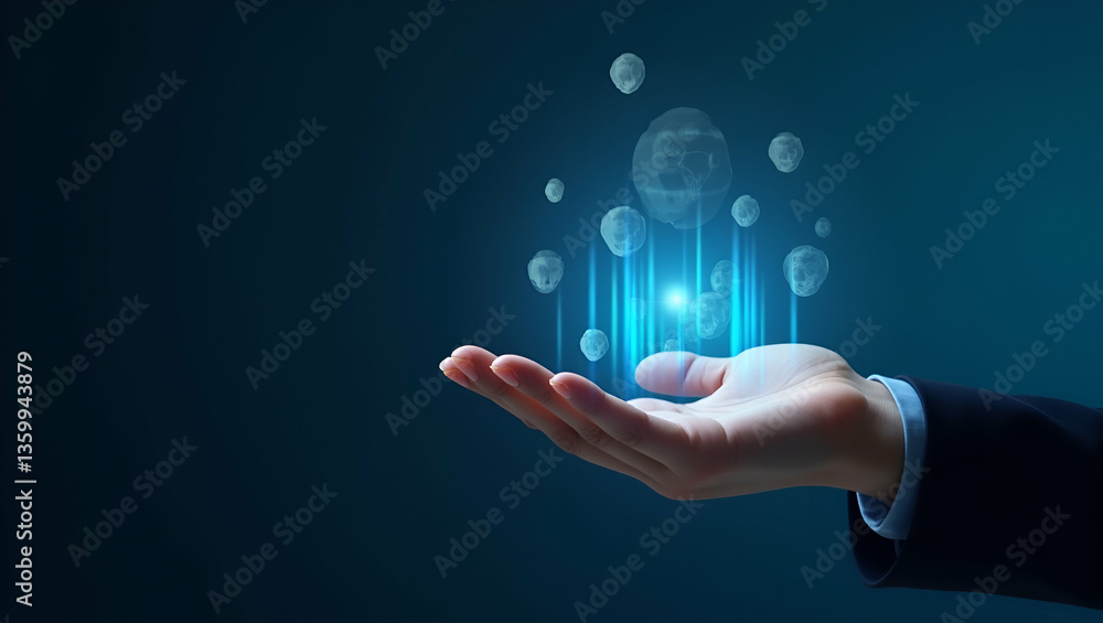Poster flat hand operating holographic device presenting evaluation methods overview with empty space backg