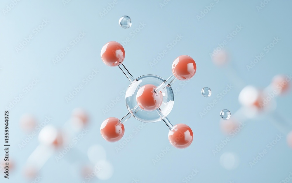 Poster abstract 3d rendering of a molecule with coral-colored spheres connected by translucent bonds, float