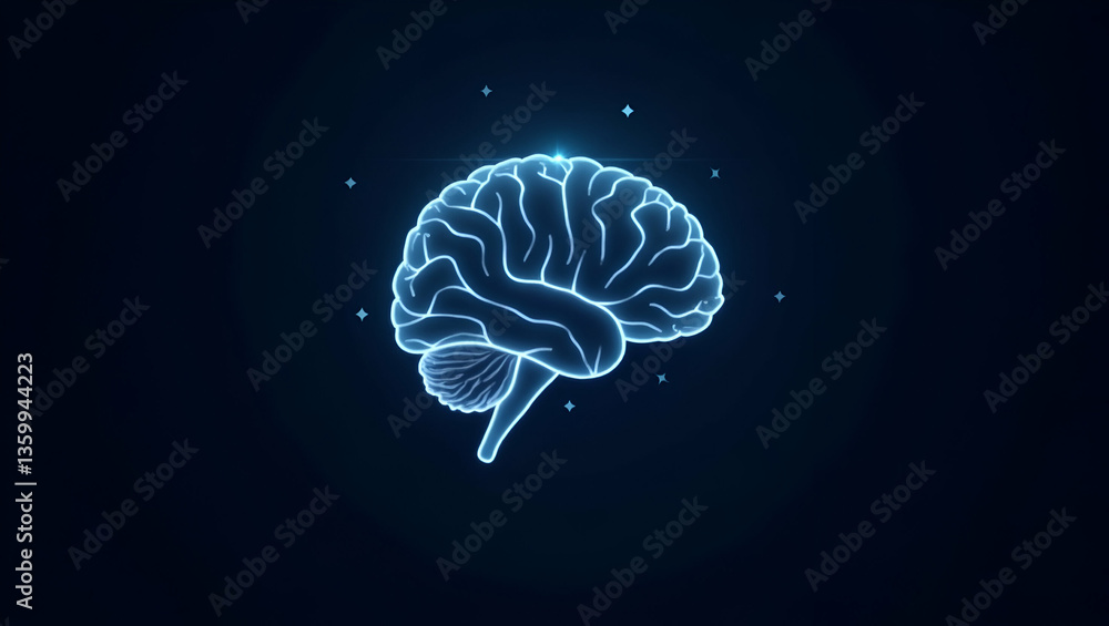 Poster abstract low poly brain illustration: ai symbolizing wisdom with wireframe lines & dots on dark back