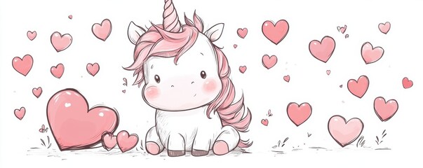 Adorable kawaii unicorn surrounded by pastel hearts in a whimsical scene