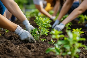 A diverse group of people planting young trees in soil, showcasing teamwork and environmental care