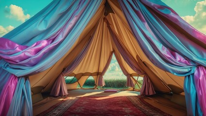 A glamping tent's open curtains serve as the backdrop.